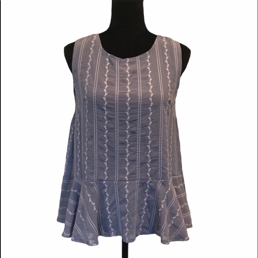 She + Sky sleeves pullover blue grey embroidery peplum waist top size medium